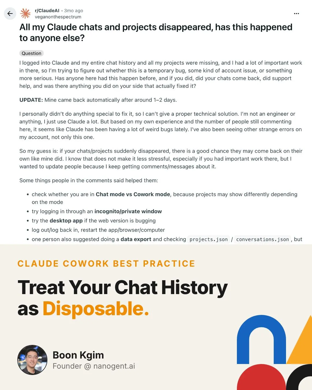 Once in a while, I've heard of someone losing his Claude Cowork chat history after an update.