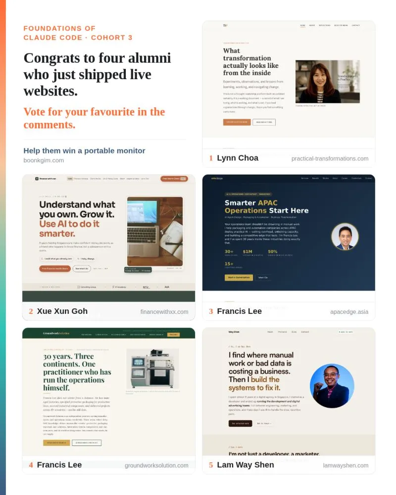 Congrats to four alumni from my Foundations of Claude Code workshop for taking their websites live...
