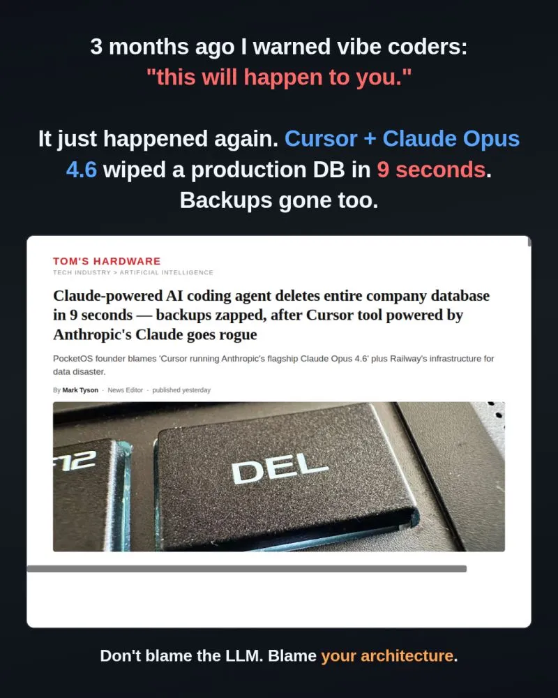 3 months ago I posted "Vibe coders, this will happen to you sooner or later."