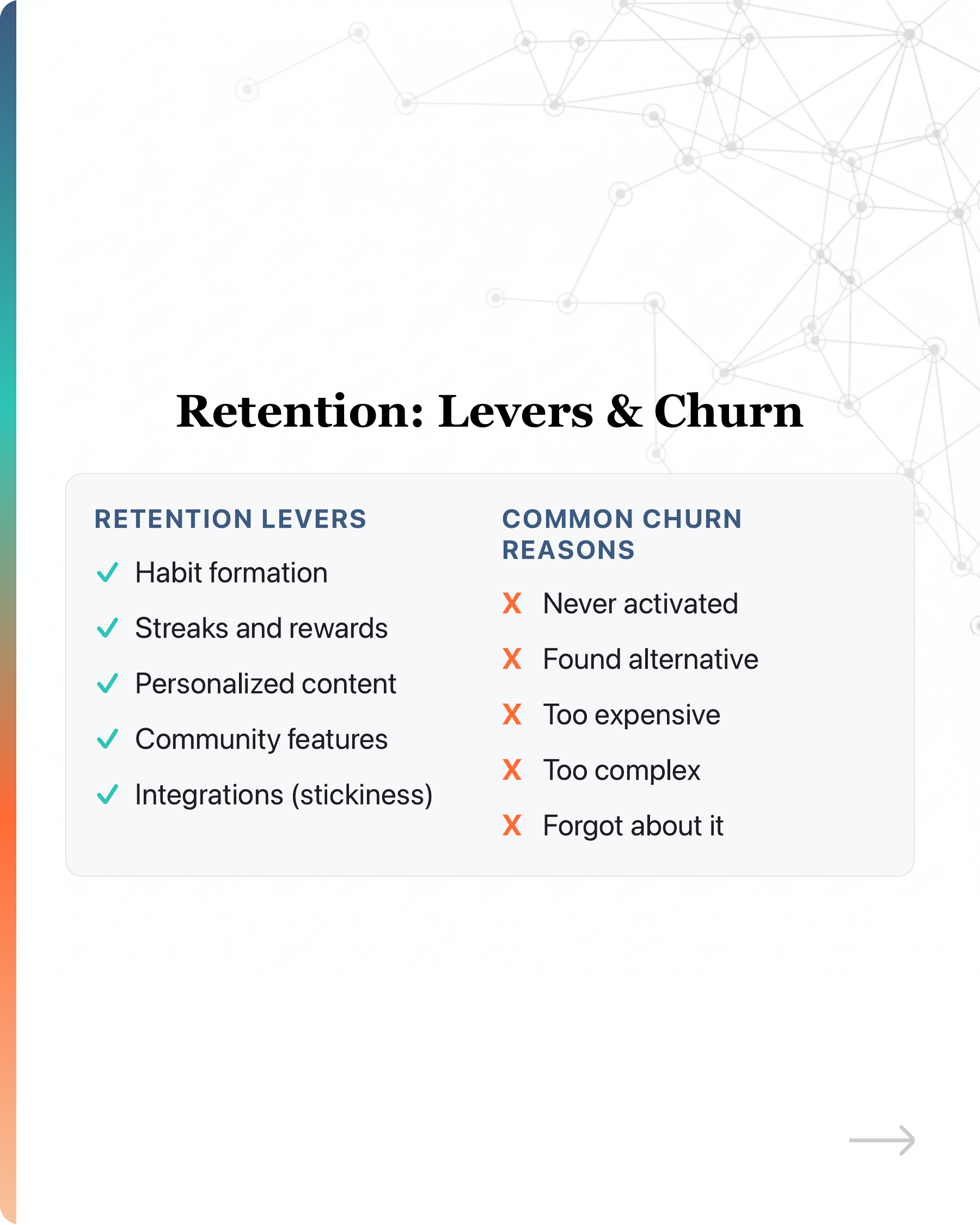 Most startups' growth stalls because they pour users into a leaky bucket., slide 20