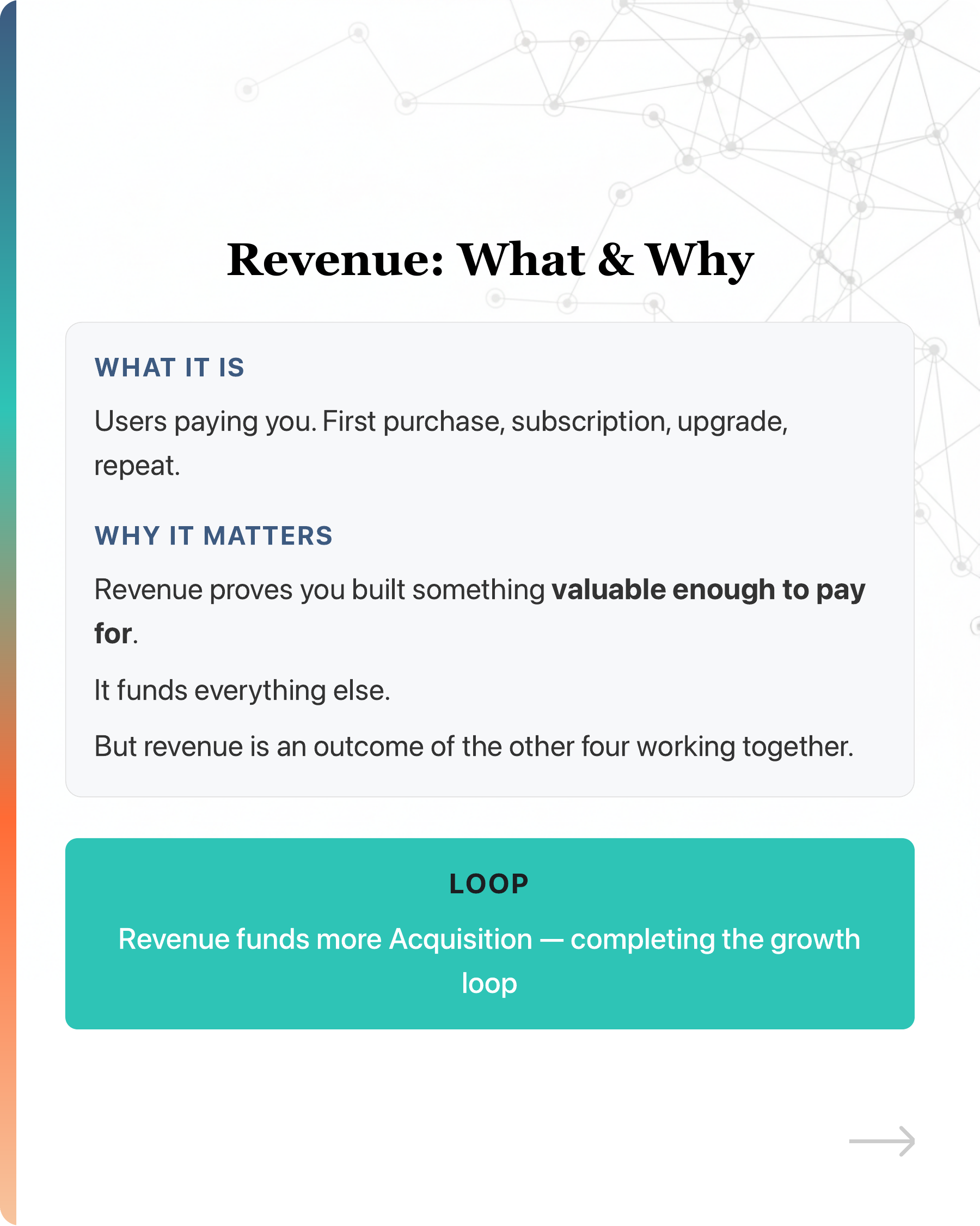Most startups' growth stalls because they pour users into a leaky bucket., slide 27